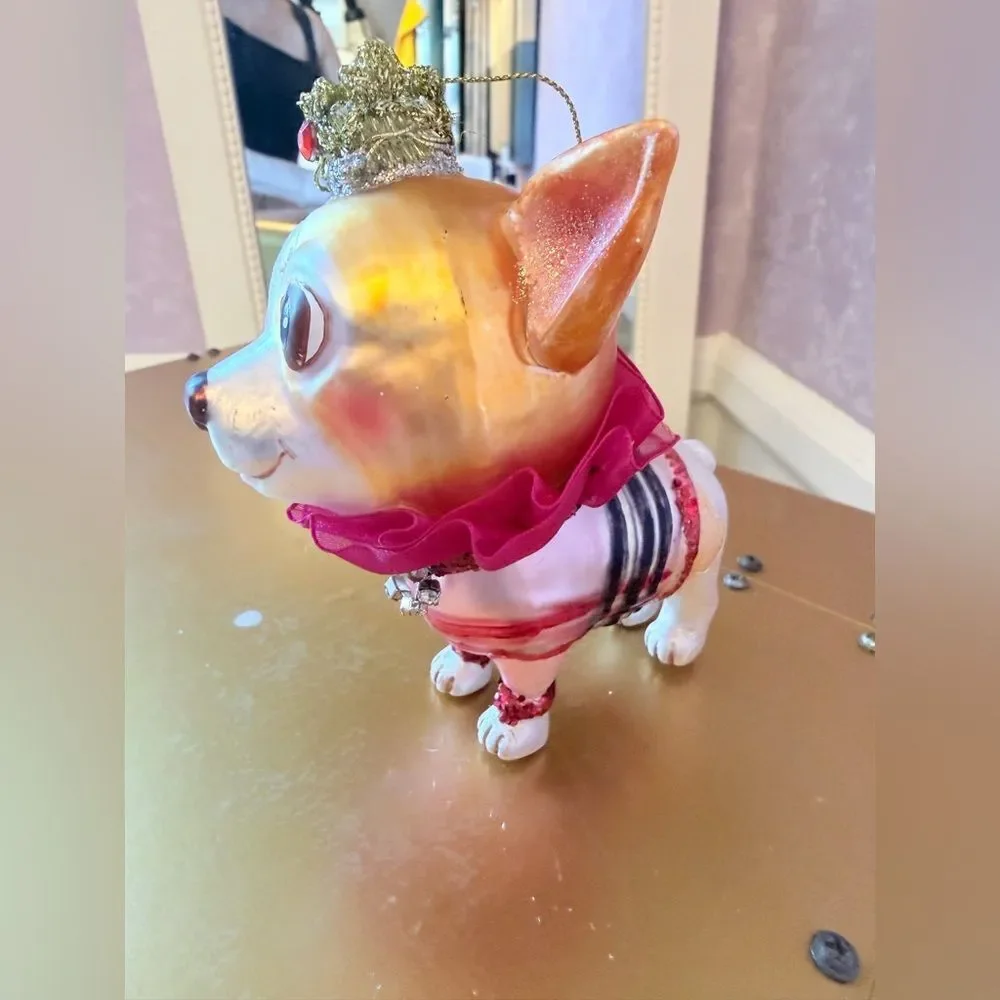 Hand Blown Chihuahua Dog Figurine with Crown and Pink Collar